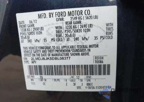 2013 Lincoln Mkx from USA, damaged, VIN 2LMDJ8JK5DBL08377